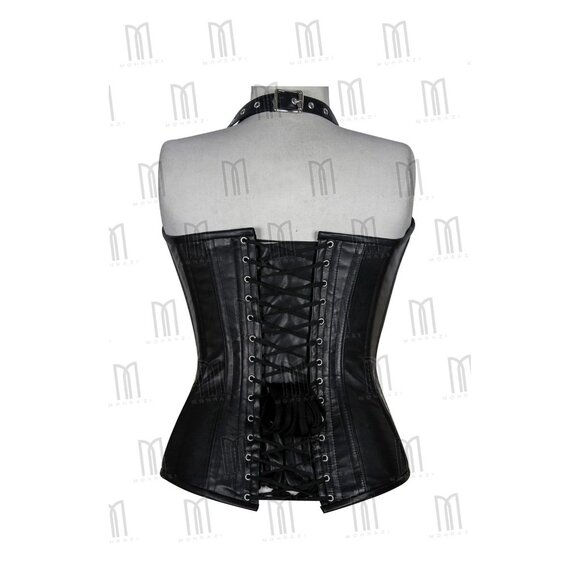 3 Layer Underbust Genuine Leather Halter Neck Corset with Removable Front Flap - Picture 3 of 3